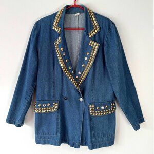 80s vintage blue denim gold jewel studded embellished jean jacket blazer medium